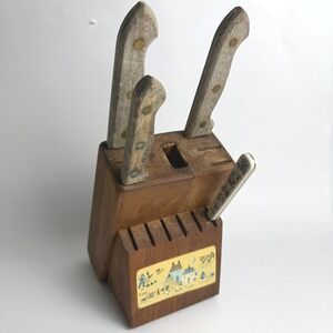Heartland International Wooden Knife Block Set With 4 Kitchen Knives Vintage
